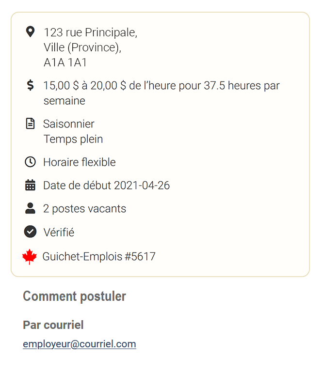 Capture d’écran des renseignements importants inclus dans une offre d’emploi.